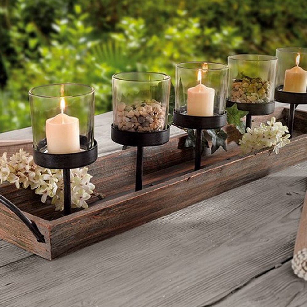 Rustic Wood Candle Centerpiece Tray w/Five Metal Candle Holders – LIKYHOME, image size:1000x1000