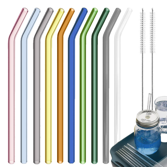 10PCS Colorful Glass Straw Bent + 2Brush