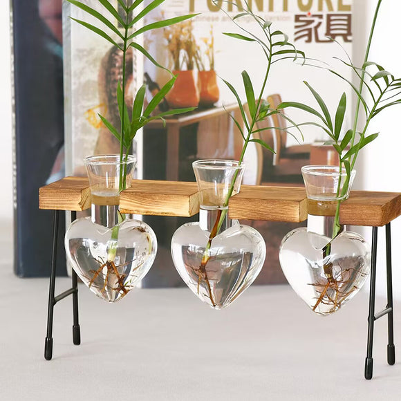 Hydroponic Glass Heart Vase Planter Terrarium Wooden Stand-F303