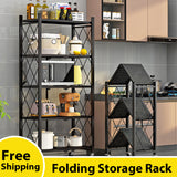 3-5 Tier Foldable Shelf Metal DisplayRack Floor Standing Storage with Wheels forCommercial Retail Stores BookcaseHome Organizer- Black