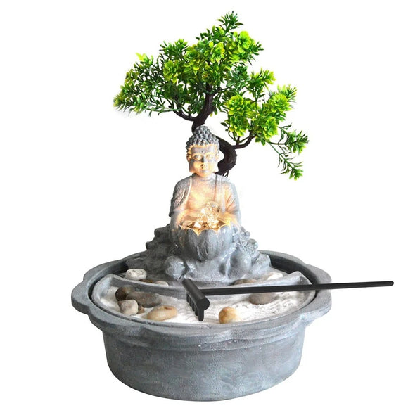 JAPANESE MINIATURE ZEN BONSAI GARDEN WITH BUDDHA WATER FOUNTAIN BNS01