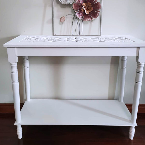 2 Tiers Wooden Hallway Carved Side Table White 34709