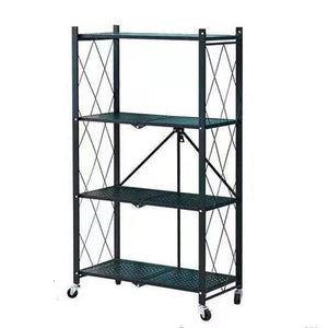 3-5 Tier Foldable Shelf Metal DisplayRack Floor Standing Storage with Wheels forCommercial Retail Stores BookcaseHome Organizer- Black