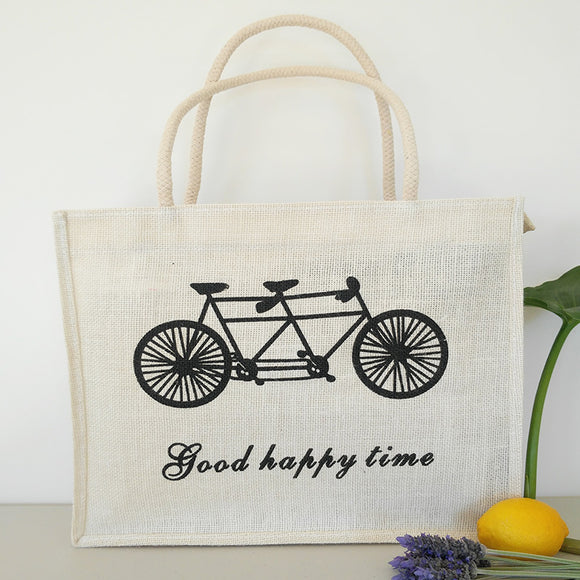 3Pcs Jute Shopping Bag - White Bicycle